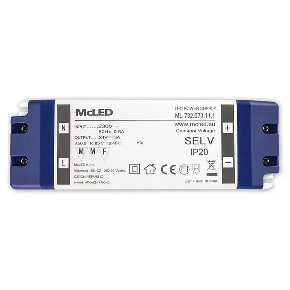 DR LED driver 24V 72W IP20 McLED 3A plast se svorkovnicí Expresní Doručení