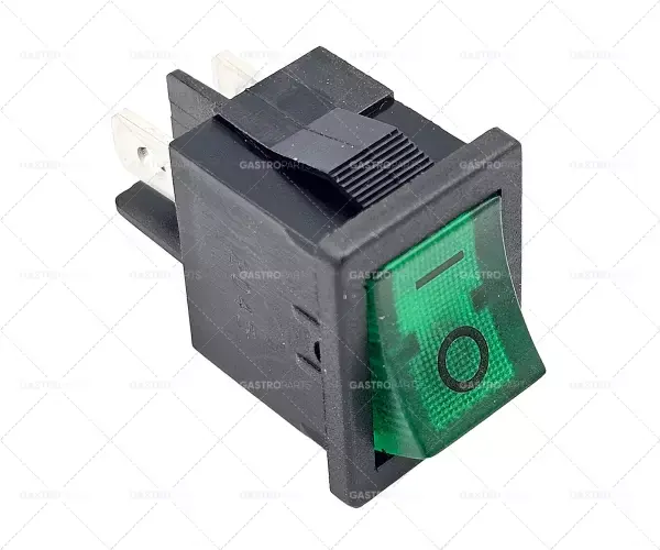 Levný kolébkový spínač montážní rozměry 19x13mm zelený 2NO 250V 13A osvětlený 0-I