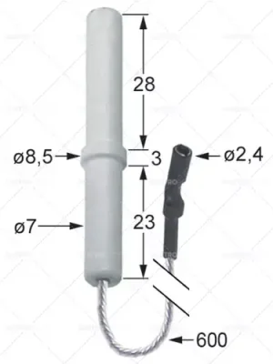 Zapalovací elektroda D1 D2 o 7 mm o 8,5 mm Délka kabelu 600 mm 28 mm KL1 KL2 KL3 3 mm 23 mm pro upínání Omezená Nabídka