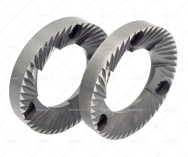 Výprodej dvojice mlecích kotoučů levý běh D1 o 54 mm ID o 31 mm H 8 mm Rozteč zubů 3,5 mm otvor o 4,5mm