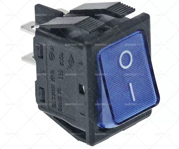 Aktuální Kolébkový rozměr 30x22mm modrá 2NO 250V 16A osvětlené 6,3mm jazýčky 0-I konektor