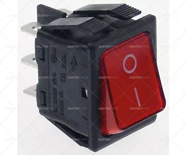 Bezpečná Platba kolébkový spínač montážní rozměry 30x22mm červená 2CO 250V 16A I ø připojení vnější faston 6,3mm