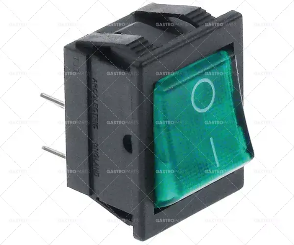 kolébkový vypínač montážní rozměry 26,5x22mm zelený 2NO 250V 16A osvětlený 0-I Oblíbený