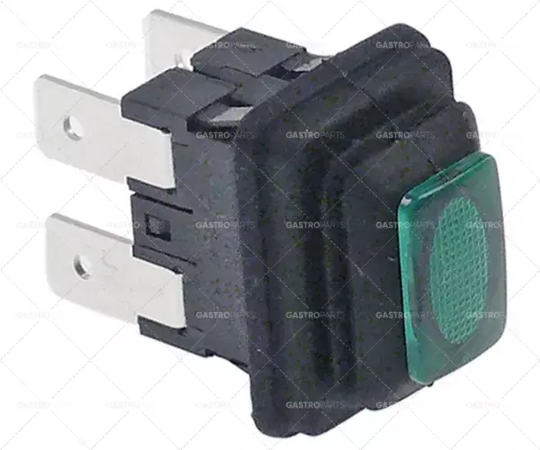 Novinka Tlačítko rozměr 19x13mm zelený 2NO 250V 16A osvětlené 6.3mm západky konektoru