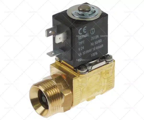 Víkendová Akce elektromagnetický ventil mosazný 2-cestný 24 VAC vstup 3/4" ET výstup 1/2" IT přípojka 3/4" L 61mm DN 10mm