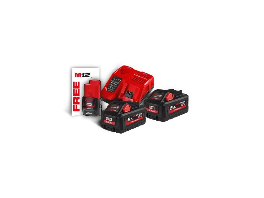 Hit Sezóny M18 HNRG-552 HIGH OUTPUT™ sada akumulátorů a nabíječky 2× 5,5 Ah a M12 3,0 Ah 4933464713 MILWAUKEE
