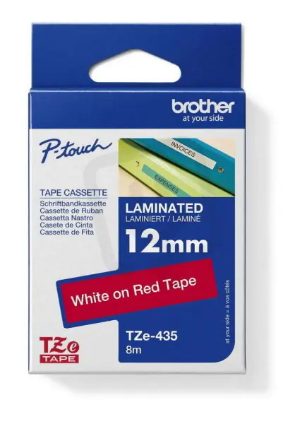 Akce Páska BROTHER TZe-435, červená/bílá (12mm, laminované)