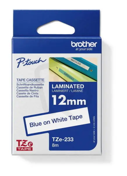 Páska BROTHER TZe-233, bílá/modrá (12mm, laminované) Horká Nabídka