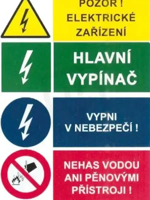 Originální Značení 54 Pozor el.zařízení,hl.vypínač,vypni v nebezpečí,nehas vodou7,5x10,5cm