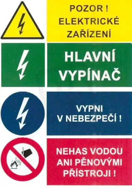 Originální Značení 54 Pozor el.zařízení,hl.vypínač,vypni v nebezpečí,nehas vodou7,5x10,5cm