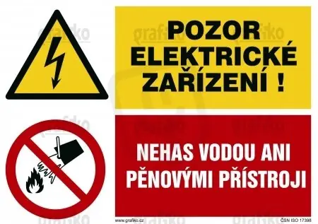 Pozor el.zařízení/Nehas vodou, fólie 74x52, 3.8210.SA Ověřený