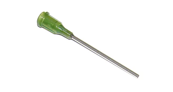 Finální Výprodej Lepené dávkovací jehly s nerezovou kanylou 38,1mm olivová 14G 1ks