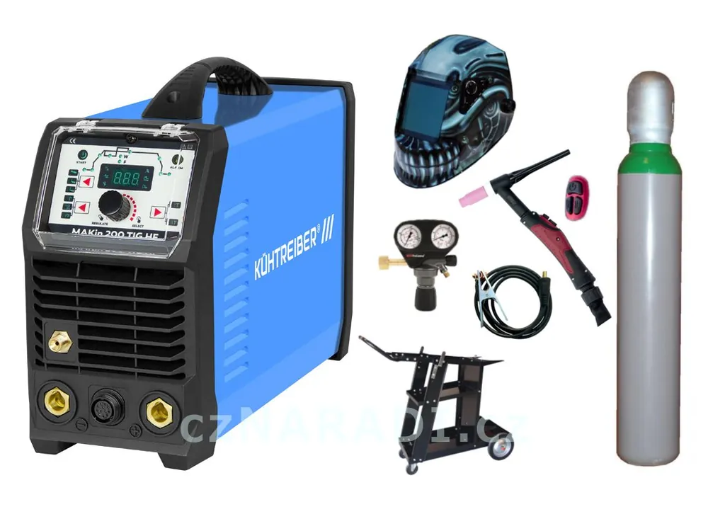 Přímo Od Výrobce MAKin 200 TIG HF + zem + TIG hořák U/D + kukla + ventil + lahev + vozík SET TOP
